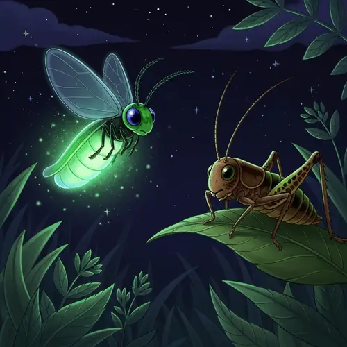 Brilliant Green and Blue Firefly with Curious Cricket in Night Scene