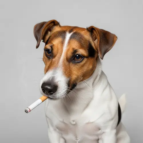 Jack Russell Terrier in Anthropomorphic Pose Investigating Unlit Cigarette