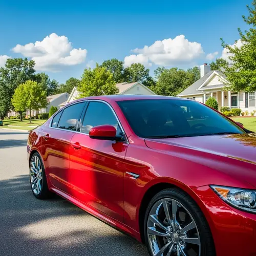 Sleek Red Car on Quiet Suburban Street | Local Scenic View