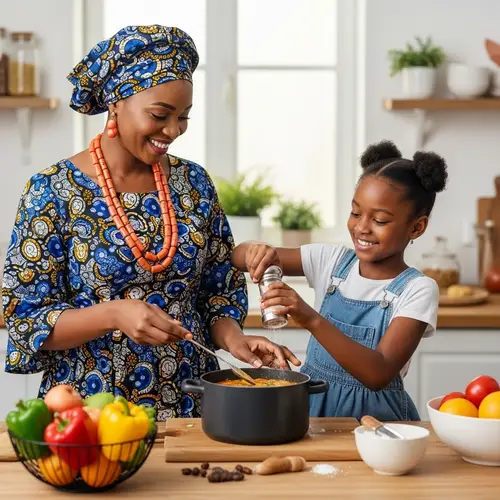 Nigerian Woman Cooking with Daughter: Joyful Kitchen Scene