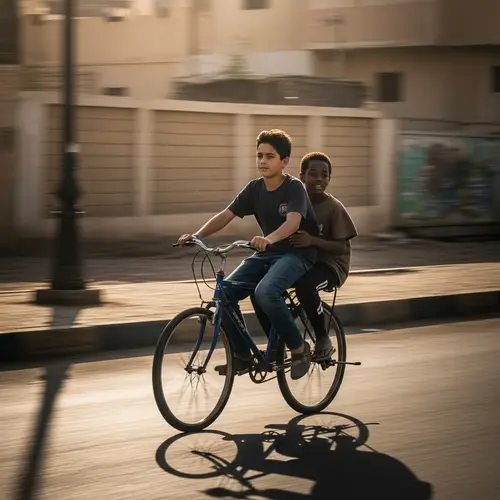 Cinematic Morning in Egypt: Brothers Riding Bike in Dramatic Lighting