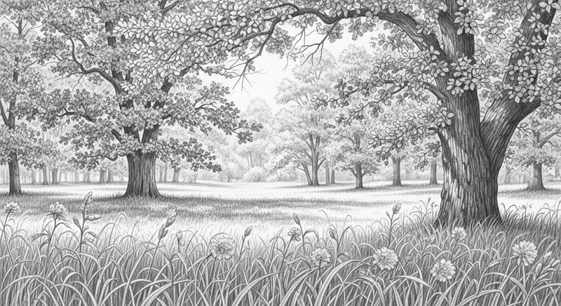 Serene Oak Grove and Vibrant Grasses Sketch