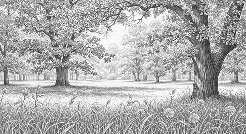 Tranquil Meadow and Enchanting Oak Forest Sketch