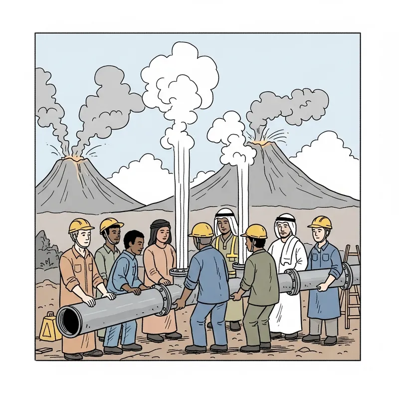 Simple Drawing of Workers Building Geothermal Power Plant Near Volcano