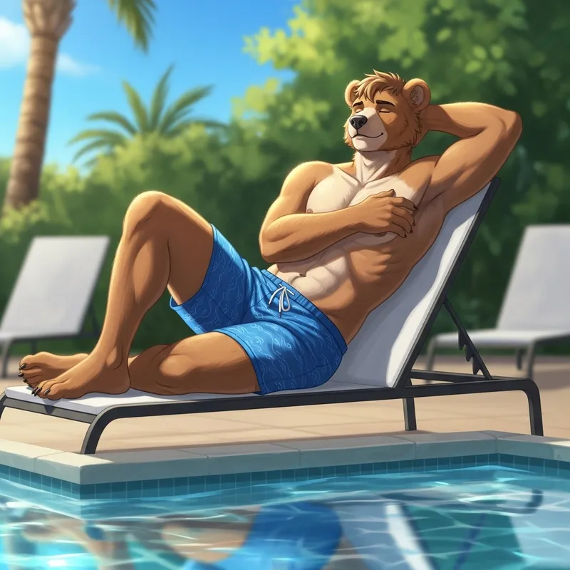 Male Bear Demi-Human Underwear Model Lounging by Pool