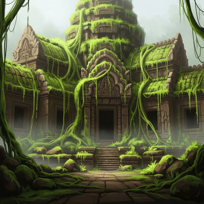 Ancient Temple Digital Painting: Mystical Vines & Mist