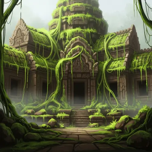 Ancient Temple Digital Painting: Mystical Vines & Mist