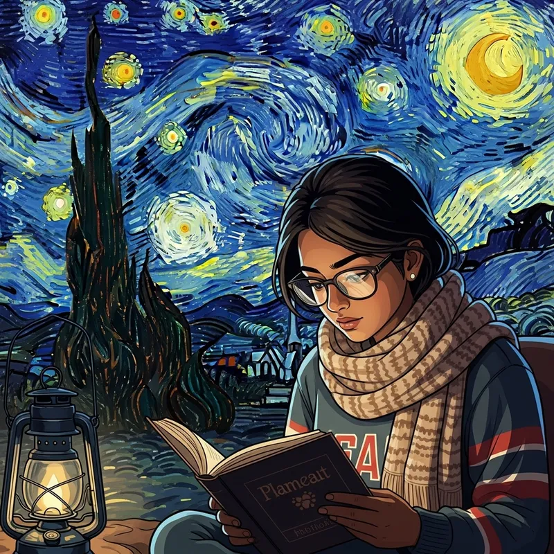 Studion Ghibli Style Girl with Muffler Reading Book in Starry Night