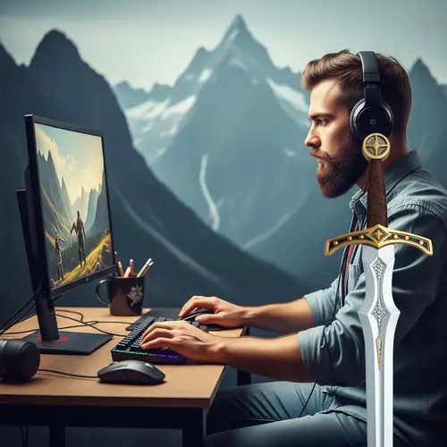Caucasian Gamer Man in Epic Mountain Setting