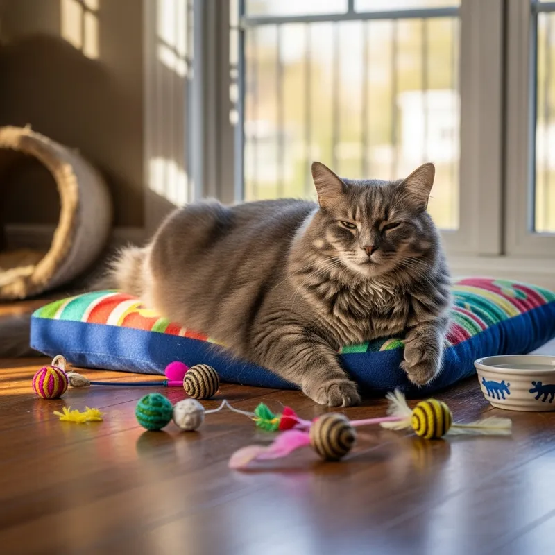 Adorable Fluffy Gray Cat Relaxing on Colorful Cushion