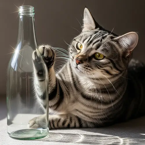 Playful Tabby Cat Interaction with Glass Bottle | Curious Cat Image