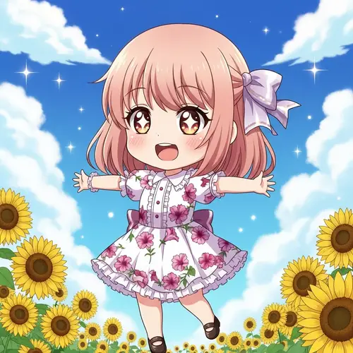 Adorable Chibi-Style Anime Girl in Bright Sunflower Landscape