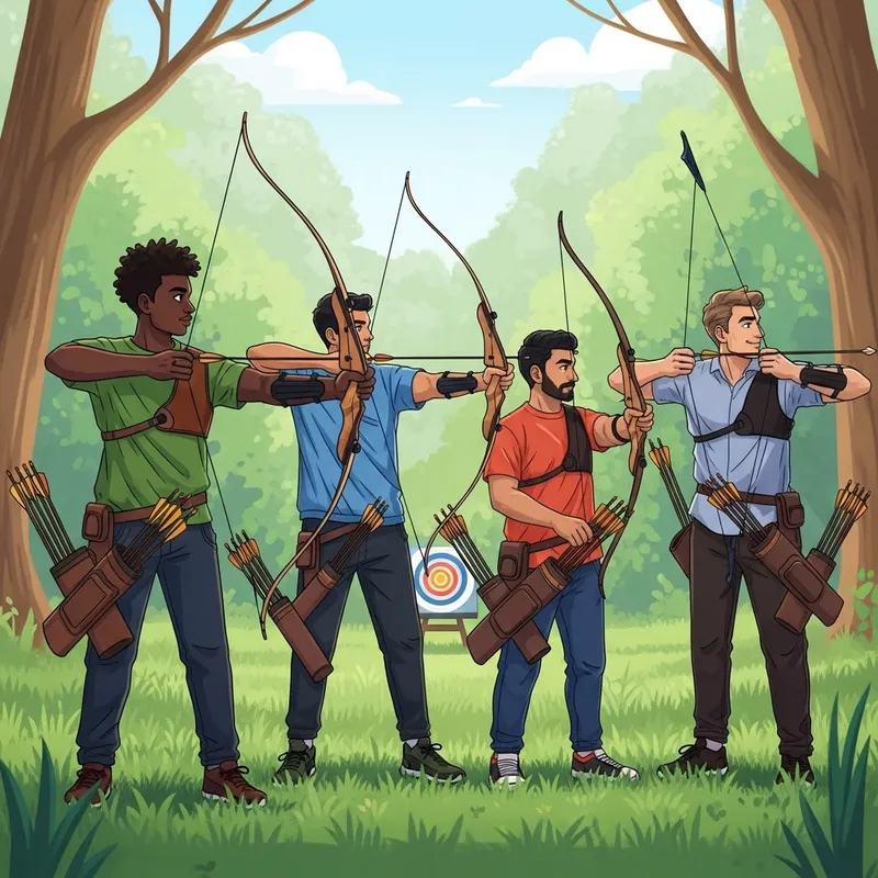 Men with Archery in Serene Forest Setting Men with Archery in Serene Forest Setting