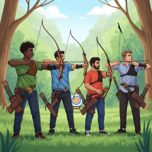 Diverse Group of Men in Archery Action - Lush Forest Scene