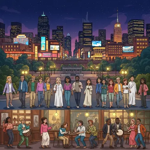 City Night View with Diverse People Enjoying Local Spots