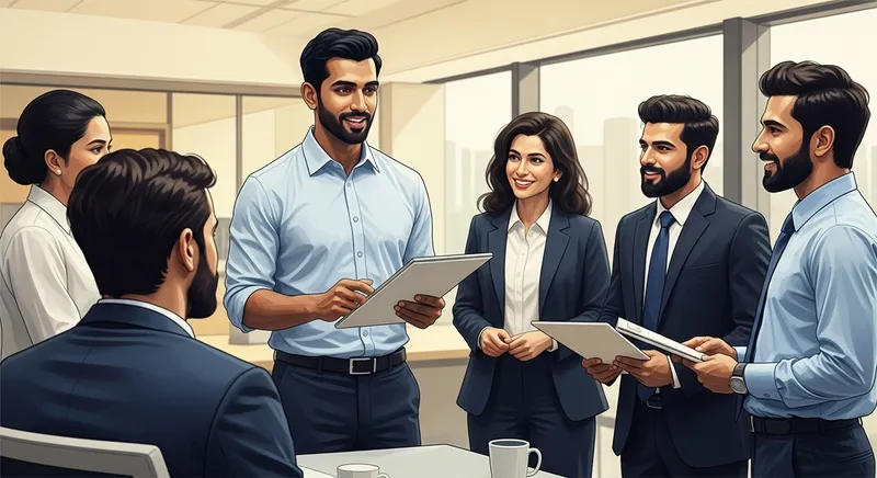 Male Business Engagement Director Visualizing AI Solutions in Modern Office Setting