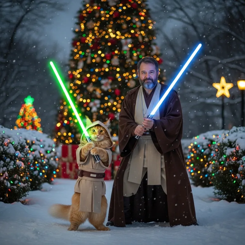 Jedi Cat Festive Holiday Duel with Obi-Wan Kenobi Jedi Cat Festive Holiday Duel with Obi-Wan Kenobi