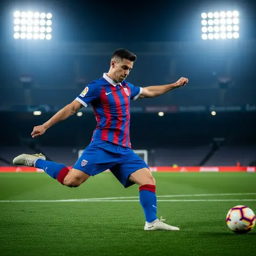 Dynamic Soccer Player in Blue and Red Kit | Stadium Lights
