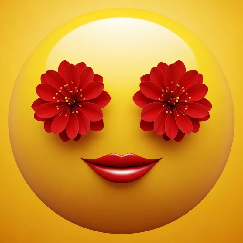 Bright Yellow Smile Emoji with Red Flower Eyes