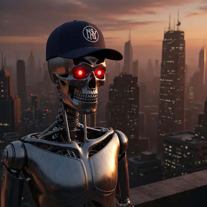 Futuristic Robotic Humanoid with Yankees Hat in Dystopian City Futuristic Robotic Humanoid with Yankees Hat in Dystopian City