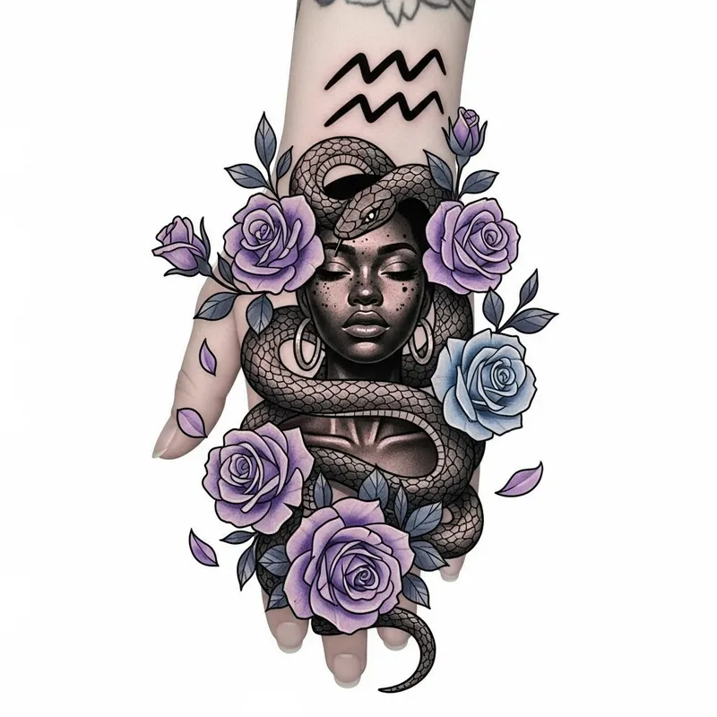 Elegant Aquarius Tattoo Art with Roses & Snakes