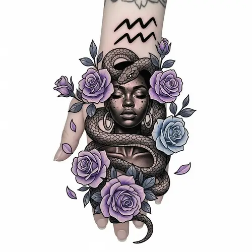 Elegant Aquarius Tattoo Art with Roses & Snakes