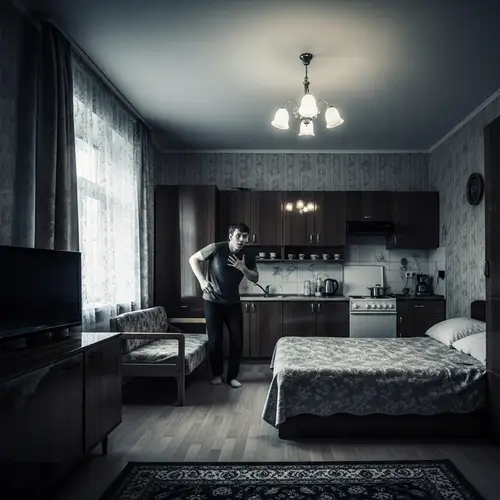 Vintage Soviet-style Scene of Young Man Alarmed at Home