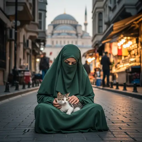 Muslim Woman in Green Niqab with Cat in Istanbul