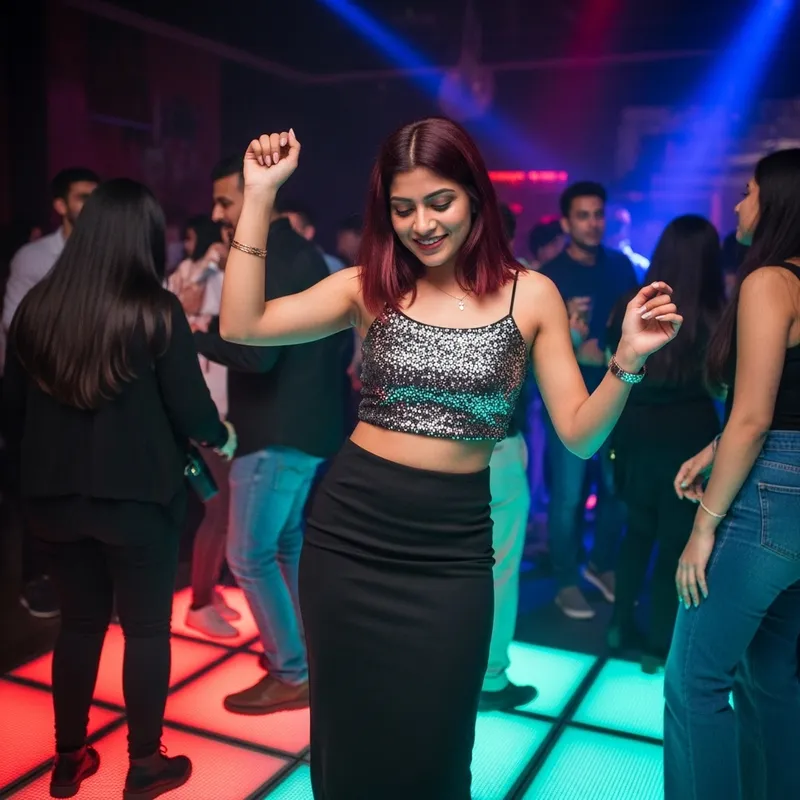 Energetic Nightclub Dance with Sleek Outfit and Lustrous Hair