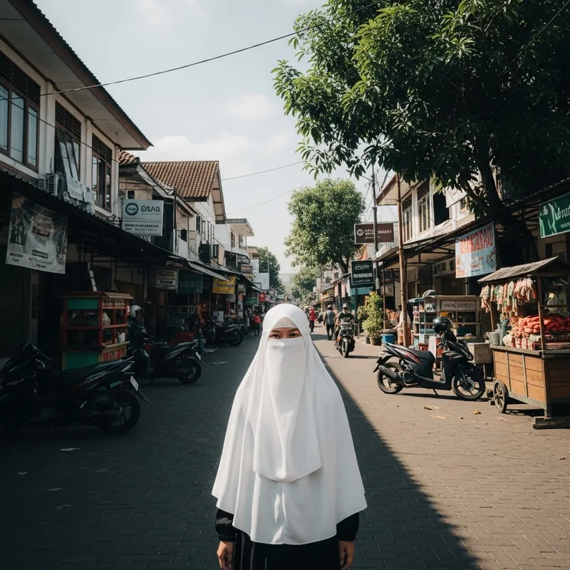 Muslim Girl in White Hijab Amidst Vibrant Indonesian Town Scene