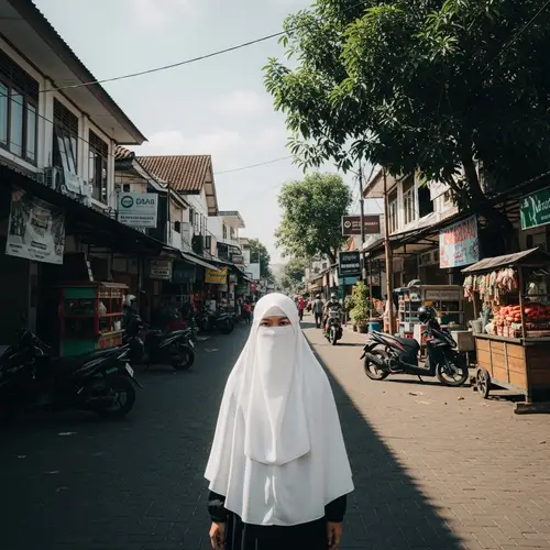 Muslim Girl in White Hijab Amidst Indonesian Town