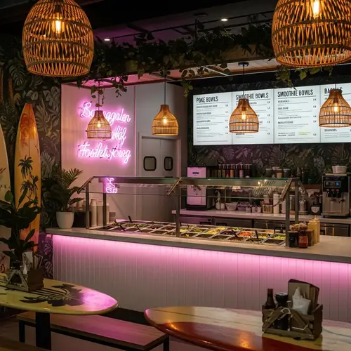 Tropical Vibe Healthy Fast Food Restaurant | Surfing-Themed Ambiance
