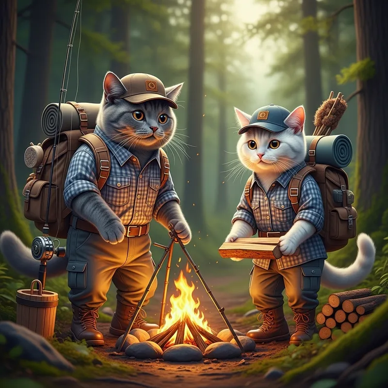 Realistic Grey Tomcat and White Cat Camping in Forest Realistic Grey Tomcat and White Cat Camping in Forest