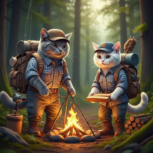 Realistic Grey Tomcat in Camping Gear with White Cat in Forest