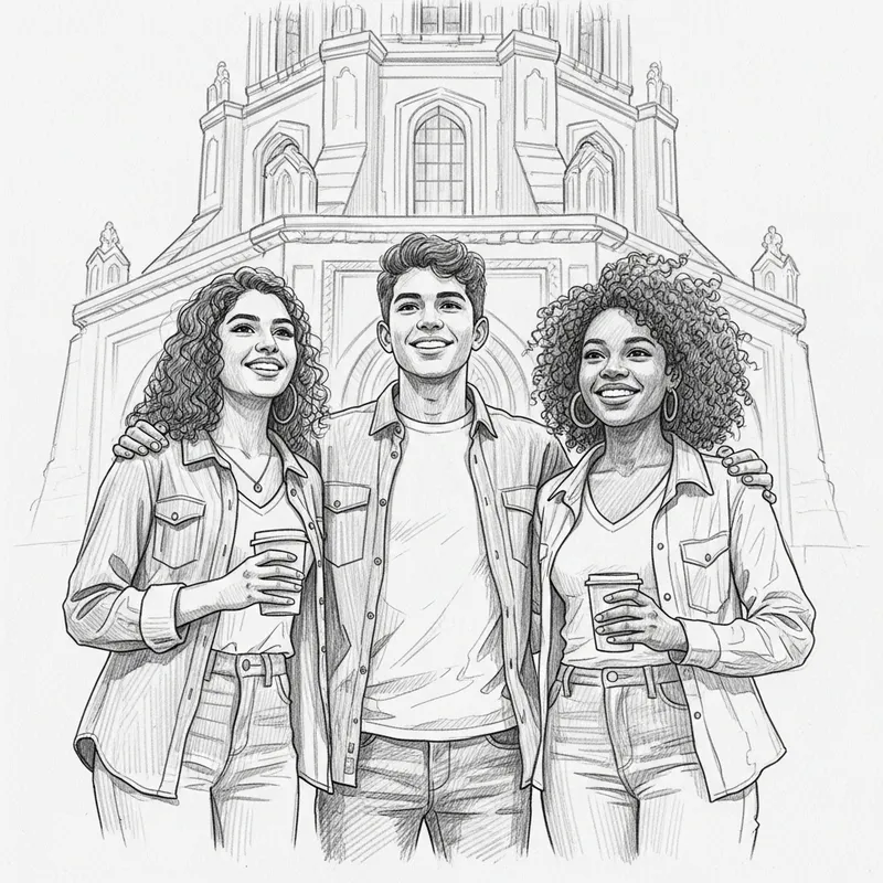 Heartwarming Sketch of Three Friends Appreciating Architectural Beauty Heartwarming Sketch of Three Friends Appreciating Architectural Beauty