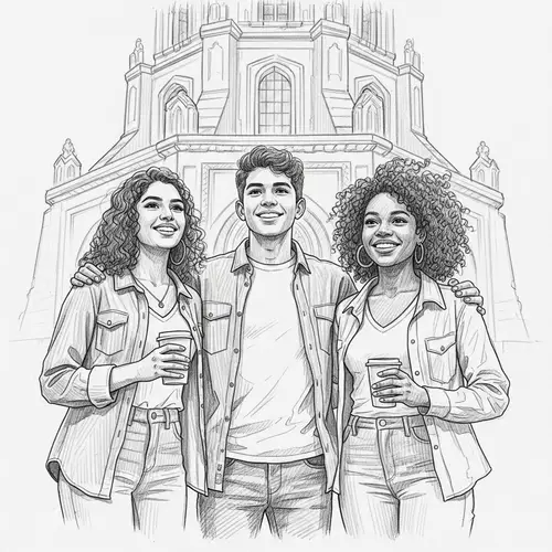 Fine Pencil Sketch of Three Friends Admiring Architectural Masterpiece