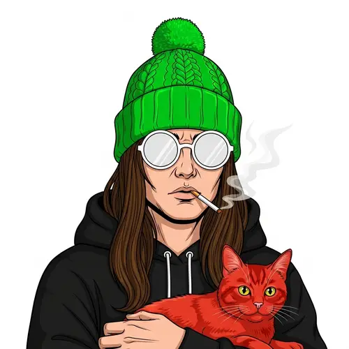 Person in Black Hoodie with Green Hat Smoking Cigarette Holding Cat