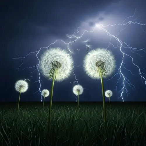 Lightning Wakes Dandelions | Darkened Grass Scene