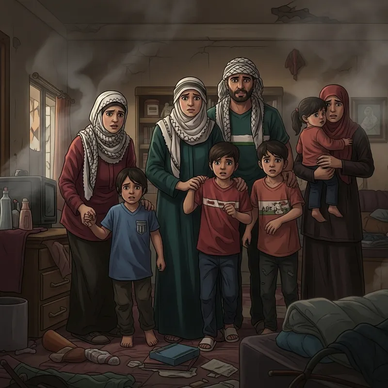 Palestinian Family Sheltering at Home Amid Bombing
