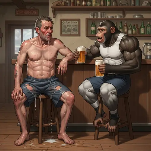 Man in Rustic Tavern with Primate-Human Hybrid Companion