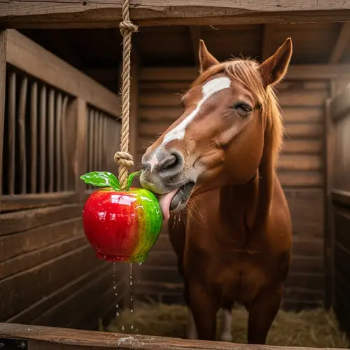 Happy Horse Enjoying Apple-Flavored Candy in Rustic Stable