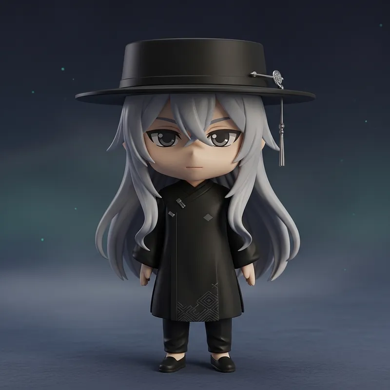 Cute Chibi Style Figure in Calm, Mysterious Aura with Long Silver Hair