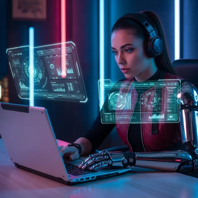 Stylish European Woman Embracing Futuristic Cyberpunk Technology