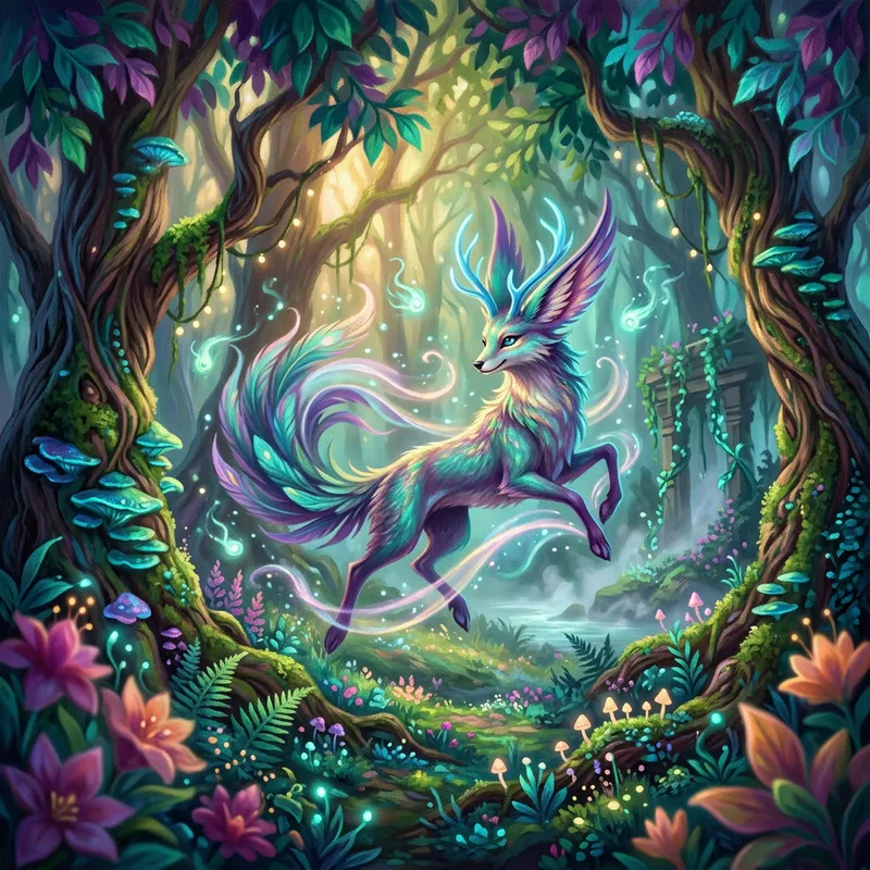 Whimsical Mystical Creature in Enchanted Forest