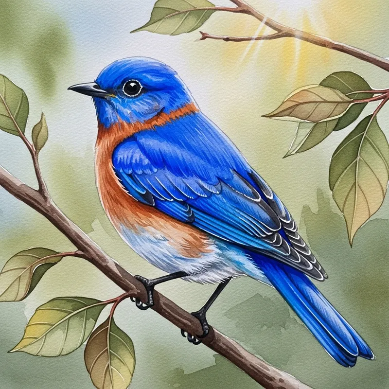 Bluebird Watercolor Art: Tranquil Bird Perched in Nature Scene Bluebird Watercolor Art: Tranquil Bird Perched in Nature Scene