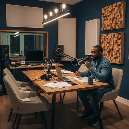 Modern Podcast Studio with Charismatic African-American Host
