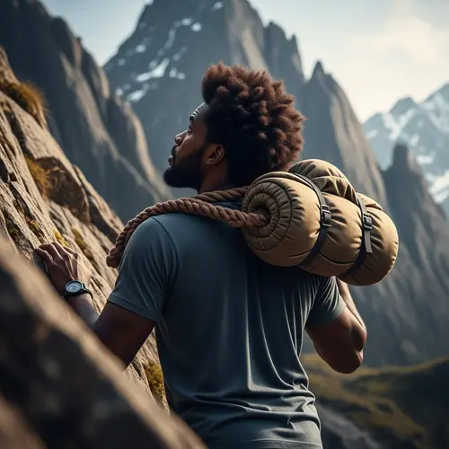 Resilient Black Man Climbing Majestic Mountain | Strength Symbolized