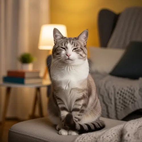 Happy Cat Sitting Comfortably | Cozy Gray & White Fur