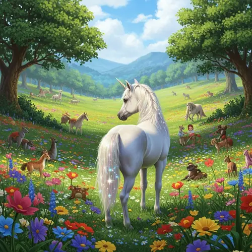 Vibrant Meadow with Young Unicorn and Iridescent Mane