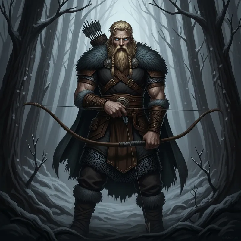 Bearded Viking D&D Hunter with Bow in Winter Forest